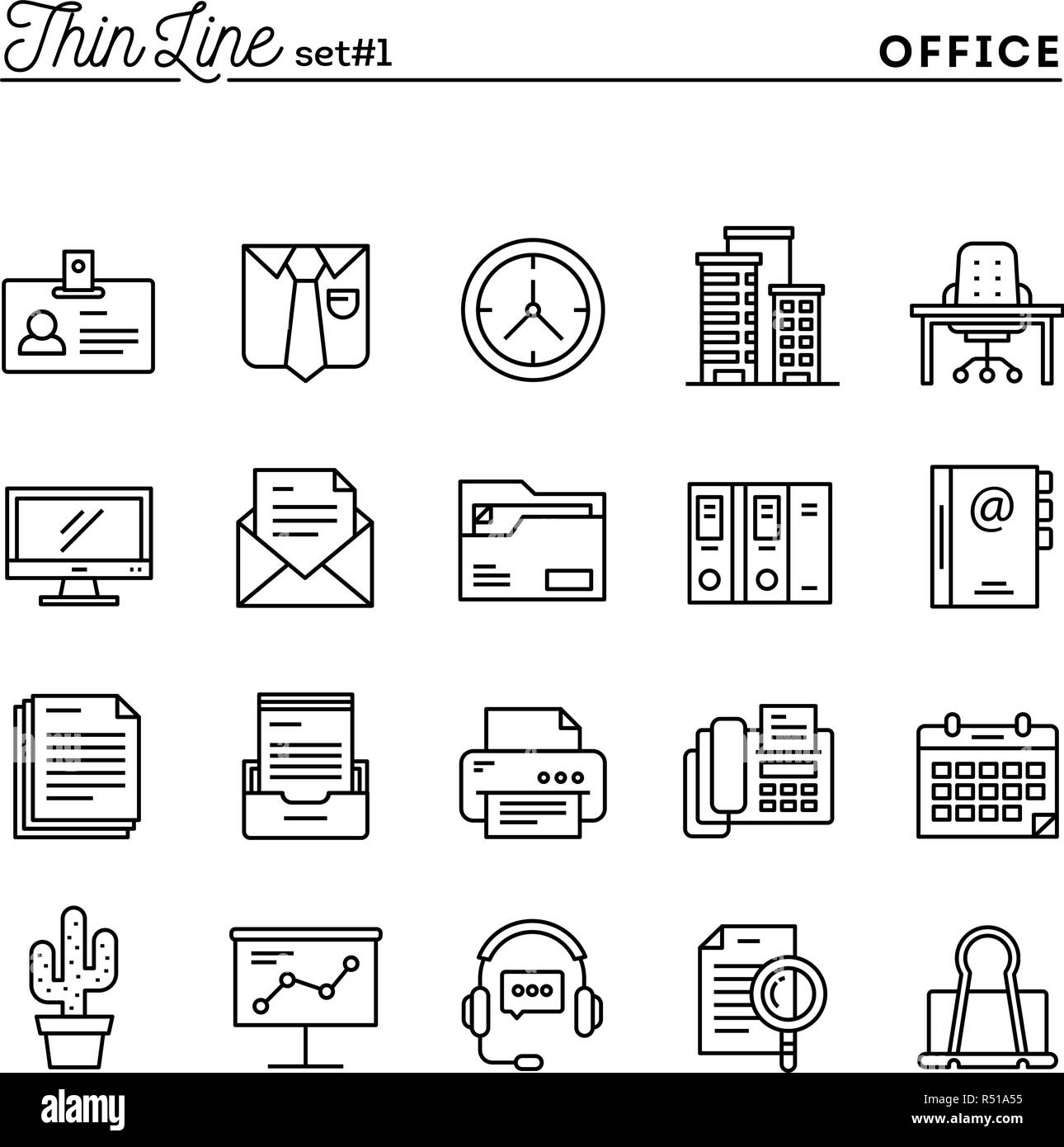 Office cose, linea sottile set di icone Illustrazione Vettoriale