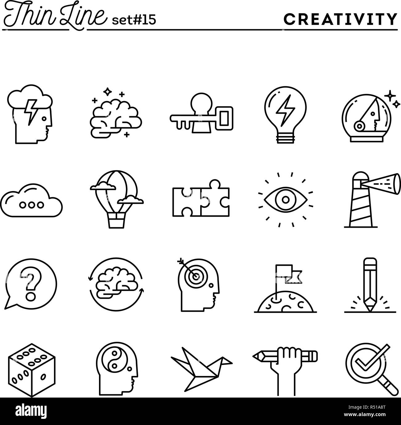Creatività e fantasia, problem solving, mente potenza e più sottile linea set di icone Illustrazione Vettoriale