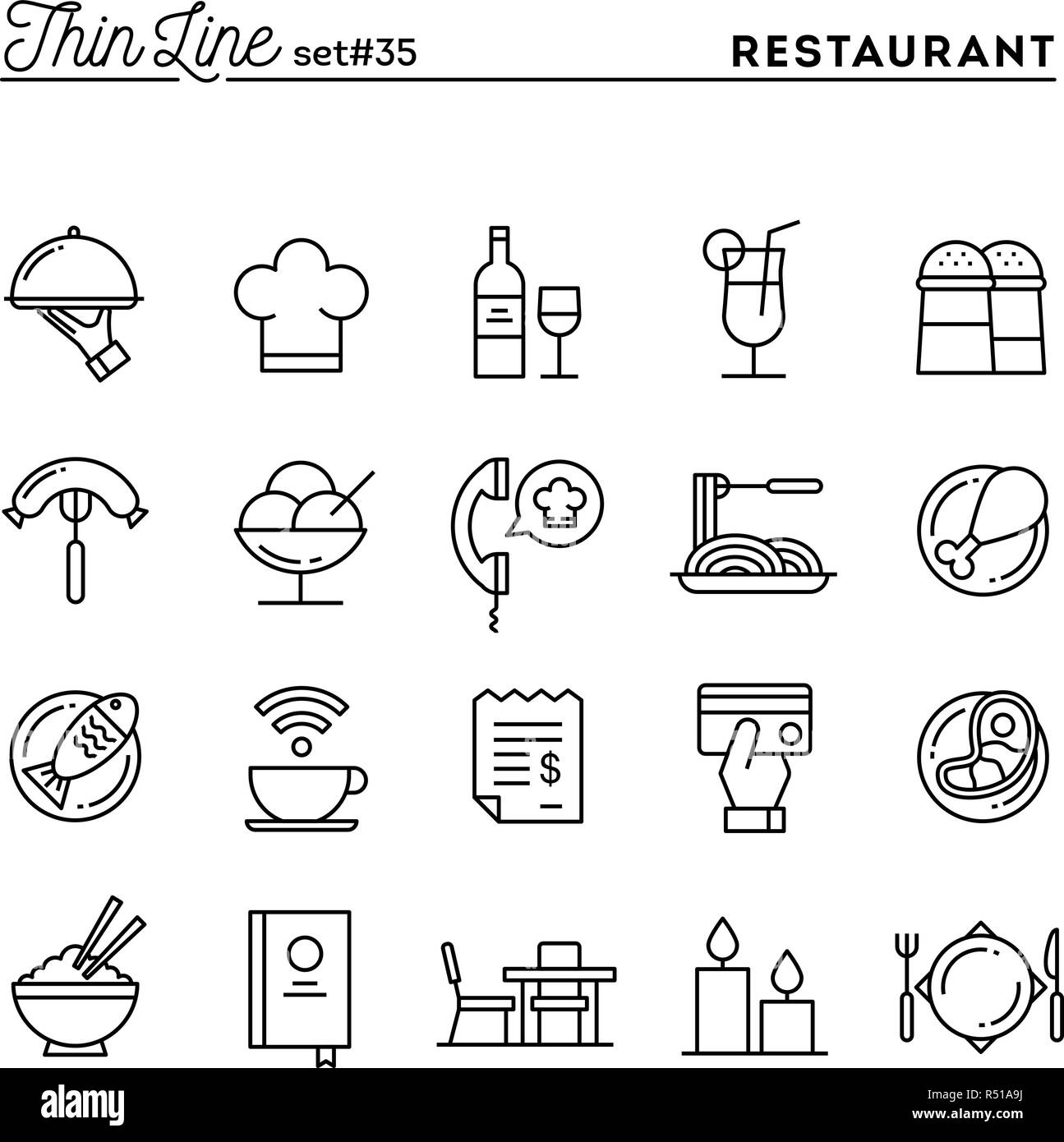 Ristorante, telefono ordinazione, pasto, ricevimento e più sottile linea set di icone Illustrazione Vettoriale