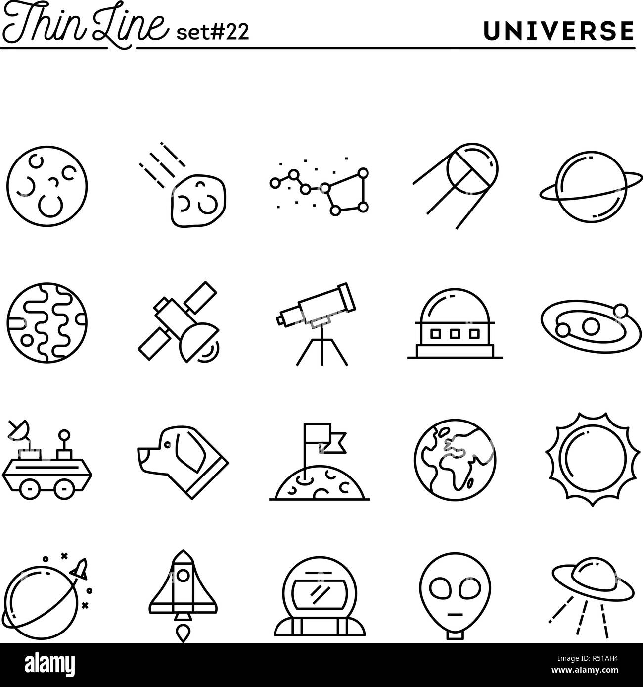 Universo, corpi celesti, lanciarazzi, astronomia e più sottile linea set di icone Illustrazione Vettoriale