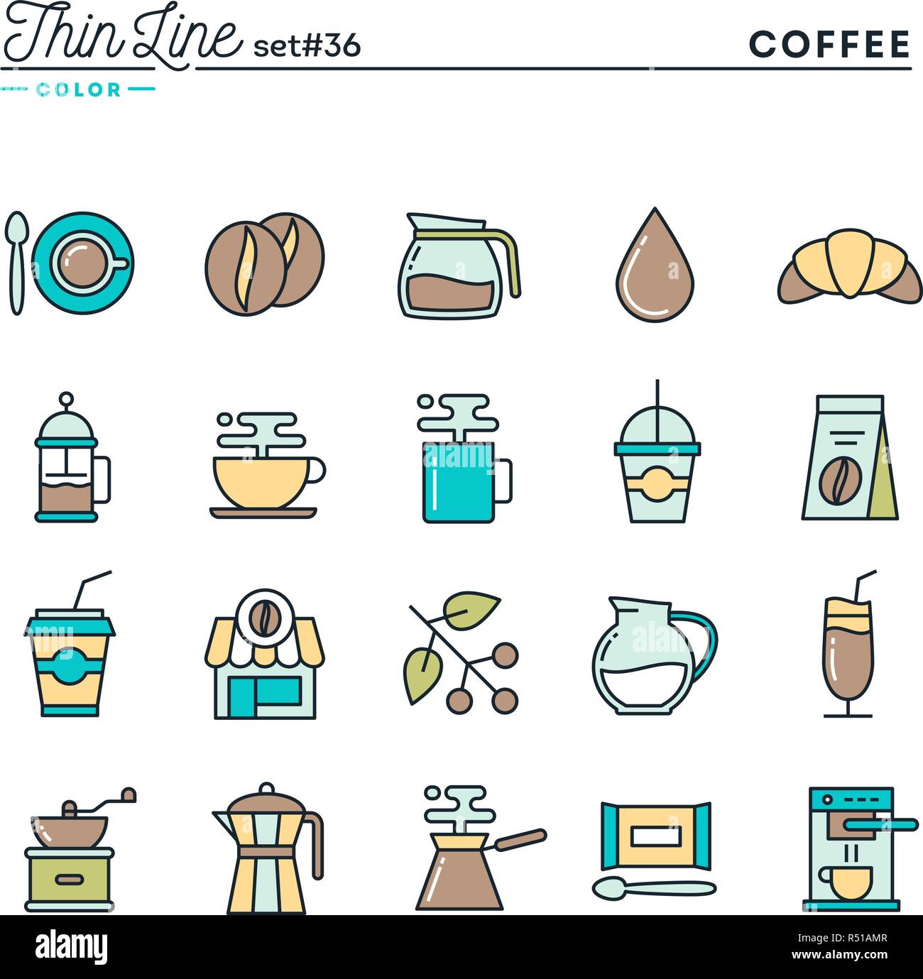 Caffè, linea sottile color set di icone Illustrazione Vettoriale