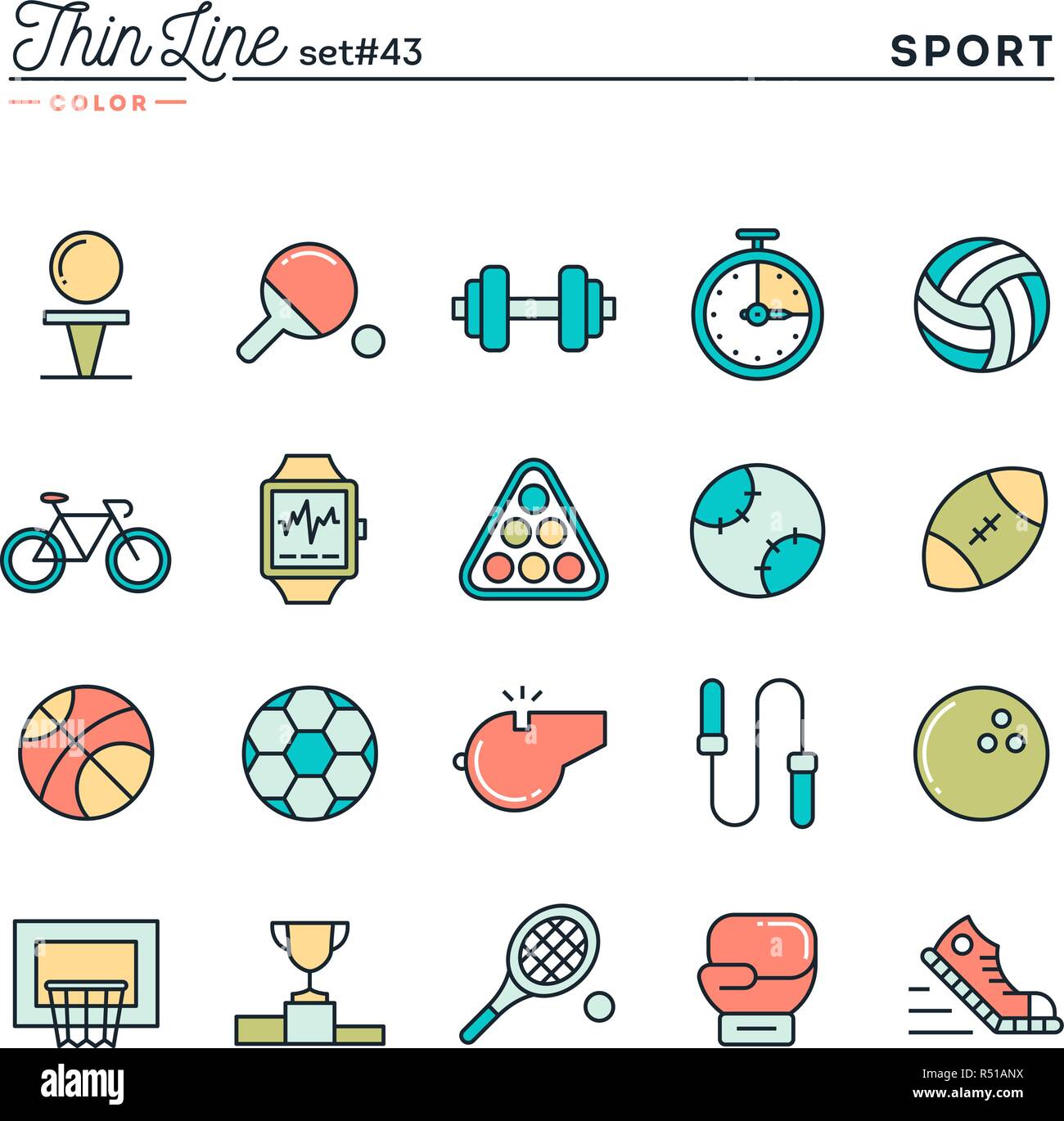 Sport e ricreazione, lavorare fuori, attrezzature e più sottile linea color set di icone Illustrazione Vettoriale