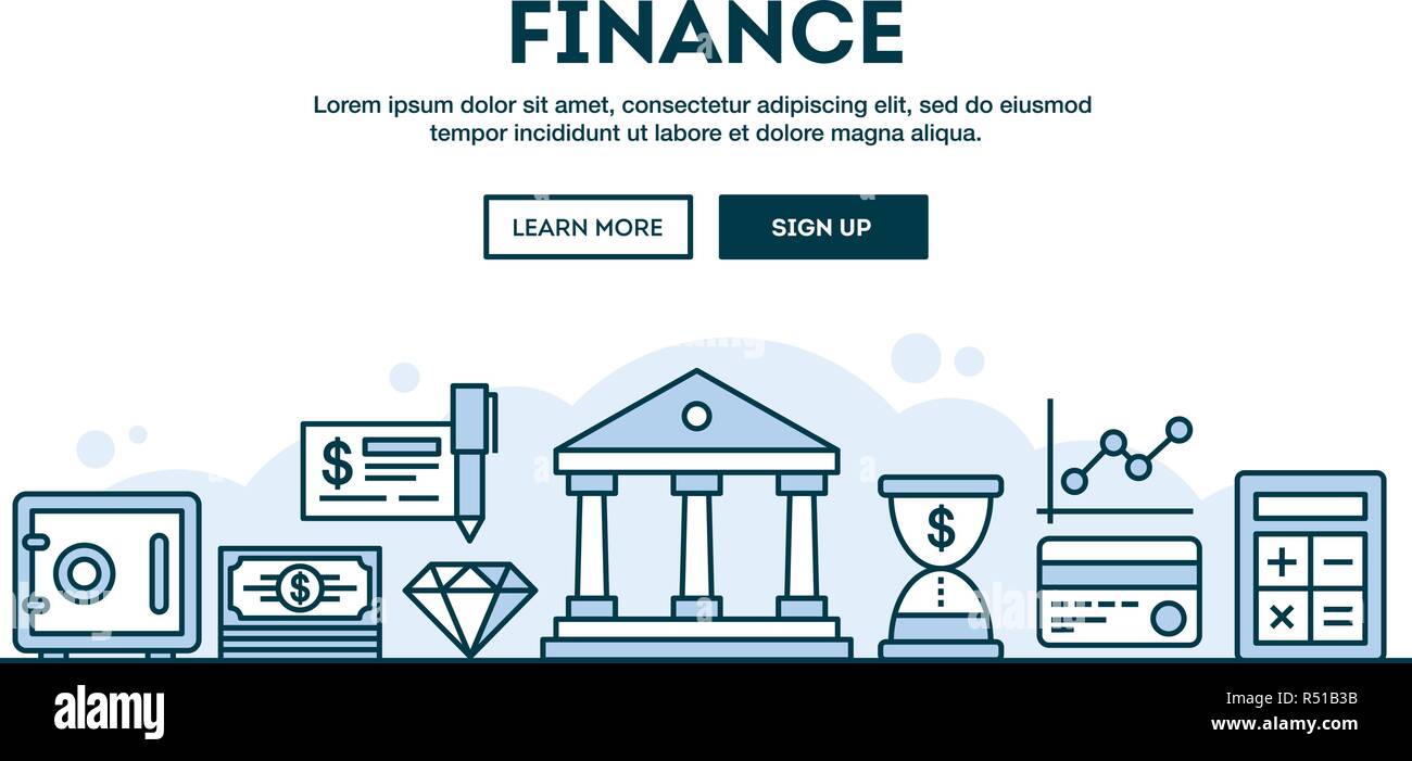 Finanza, concetto di intestazione, design piatto sottile stile linea Illustrazione Vettoriale