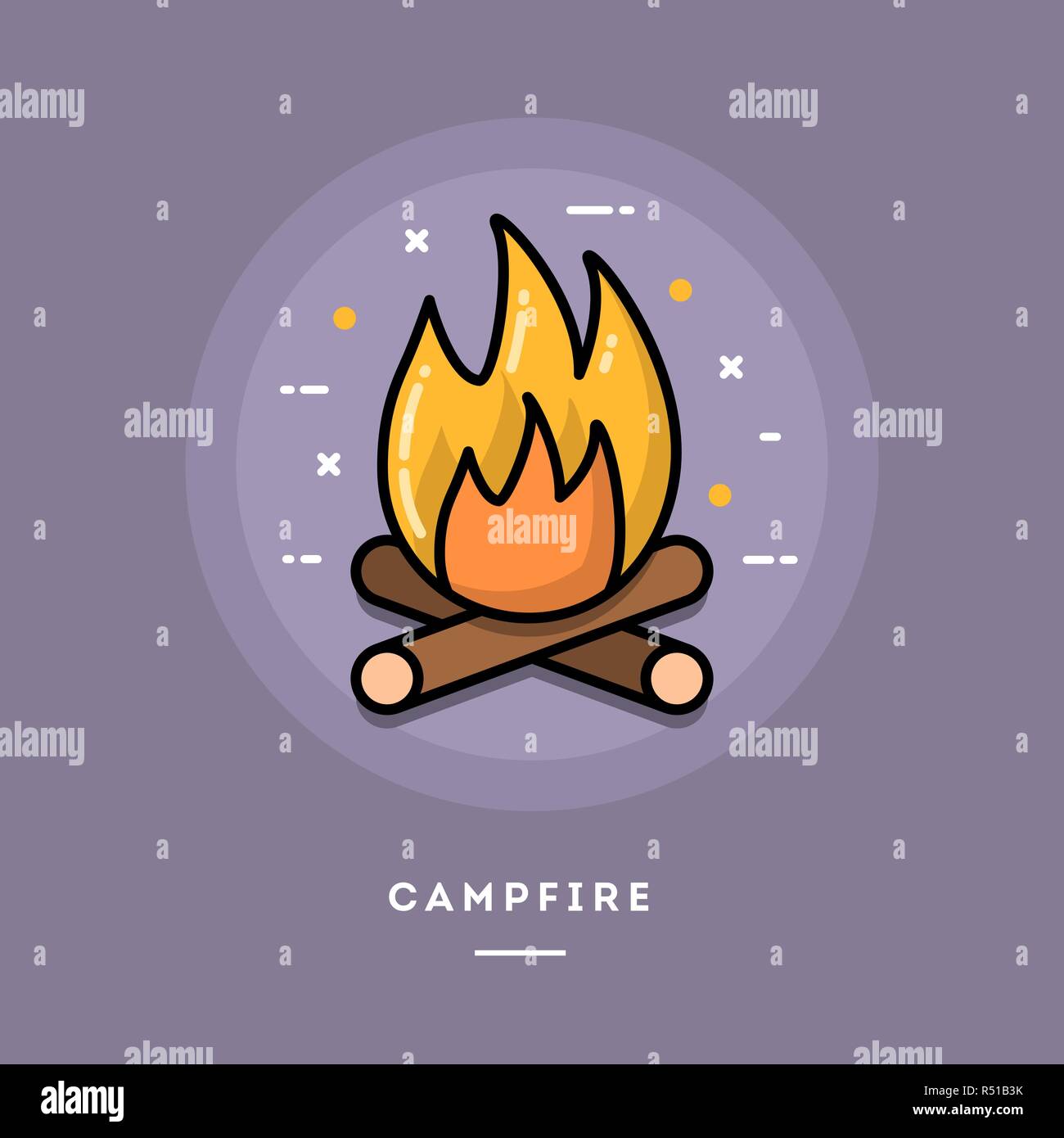 Campfire, design piatto sottile linea banner Illustrazione Vettoriale