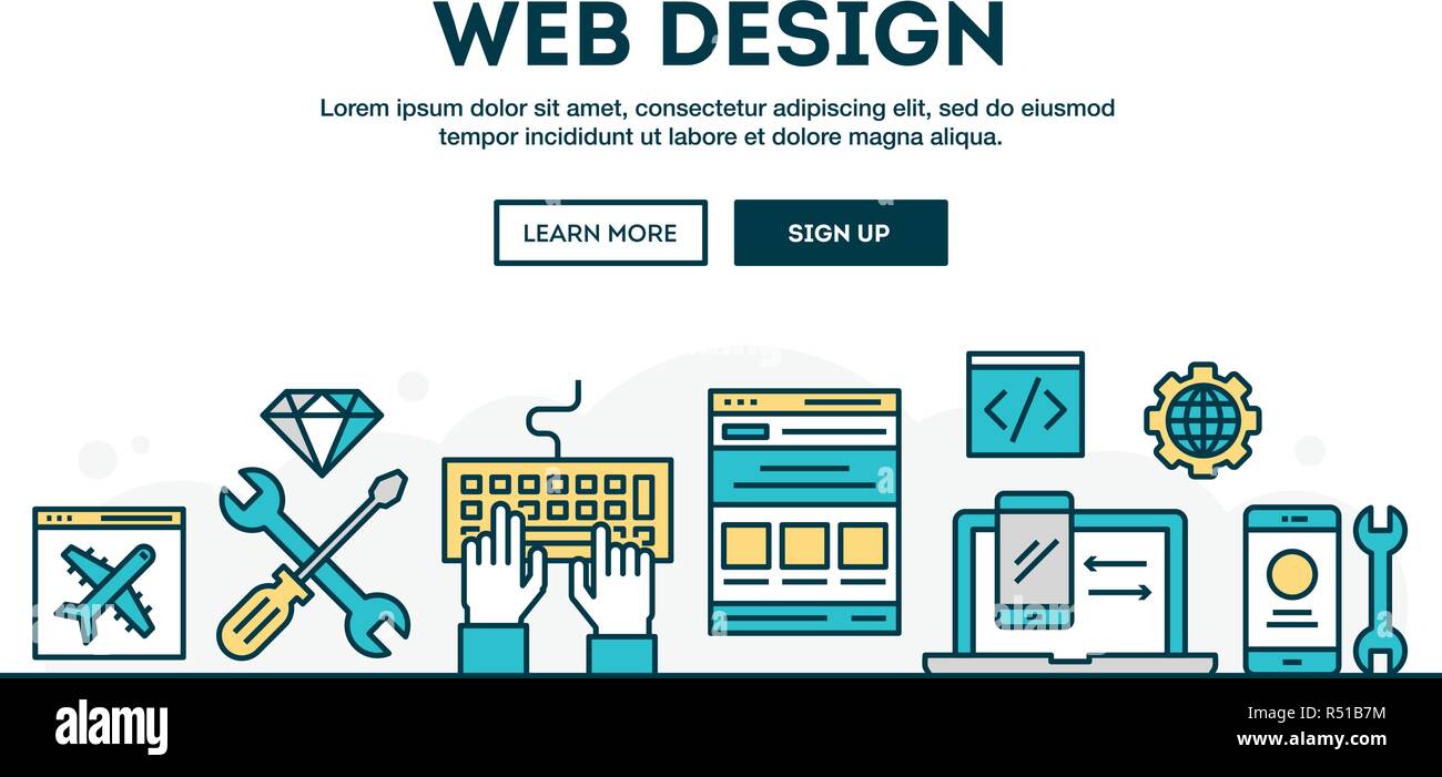 Web design e colorati di concetto di intestazione, design piatto sottile stile linea Illustrazione Vettoriale