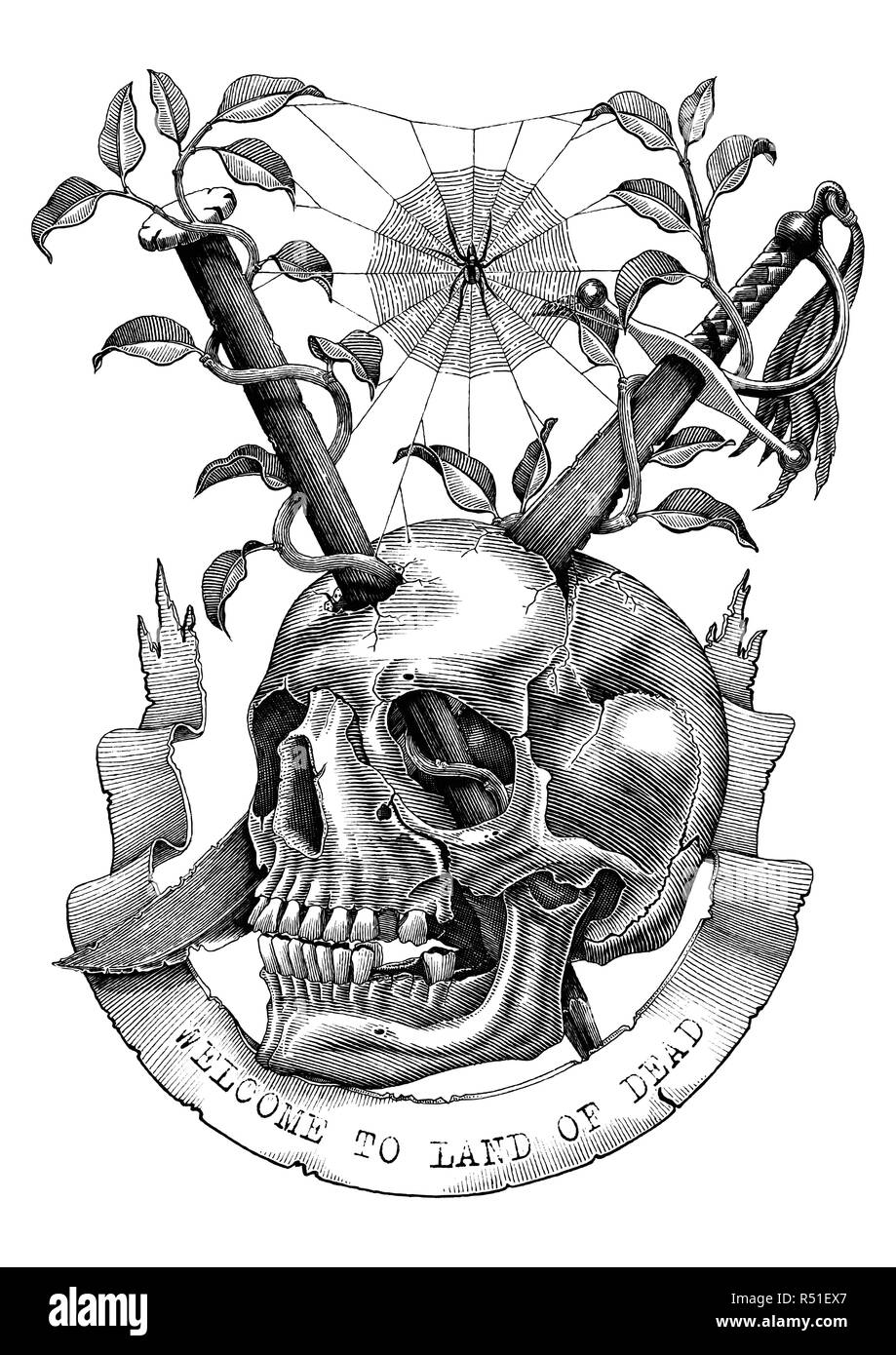 Spade e chiodi sono inseriti nel cranio in terra deserta. Illustrazione di incisione in stile vintage per tattoo arte. Illustrazione Vettoriale