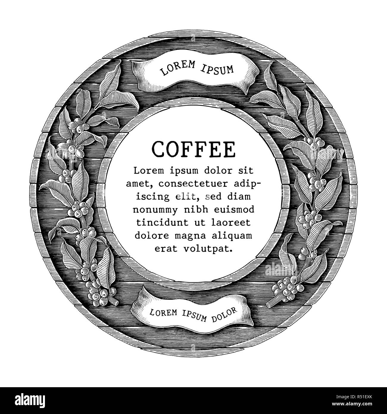 Il logo del negozio di caffè e caffè prodotto etichetta disegnare a mano vintage stile di incisione isolati su sfondo bianco Illustrazione Vettoriale