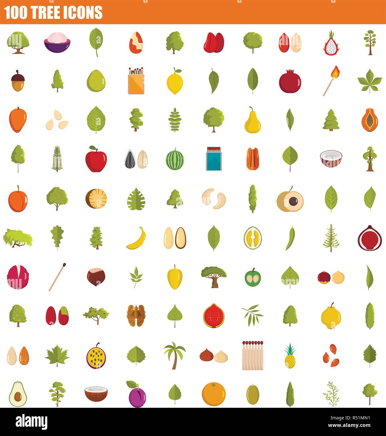 100 albero icon set. Set piatto di 100 tree icone vettoriali per il web design Illustrazione Vettoriale