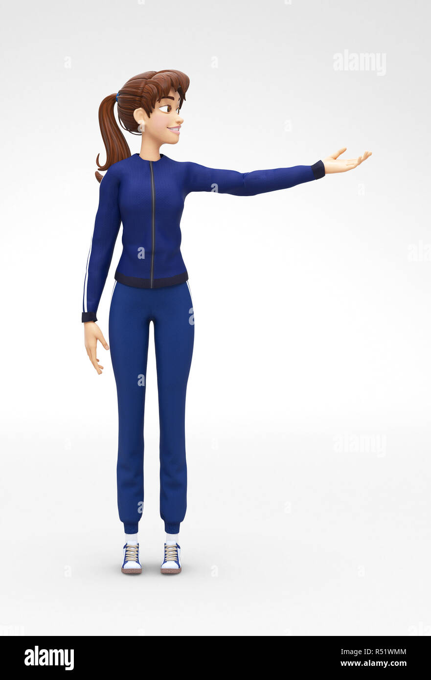 Sorridendo, Jenny di successo - 3D fumetto personaggio femminile modello Sport presentazione Foto Stock