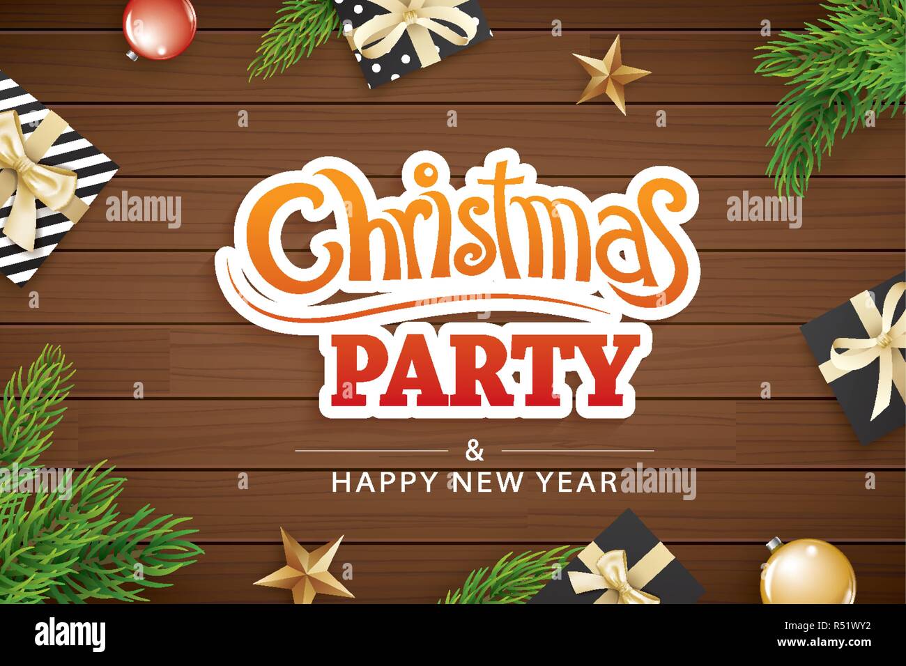 Merry Christmas party di invito e biglietto di auguri su legno marrone dello sfondo. Happy Holiday Design modello. Utilizzare per banner e poster. Illustrazione Vettoriale