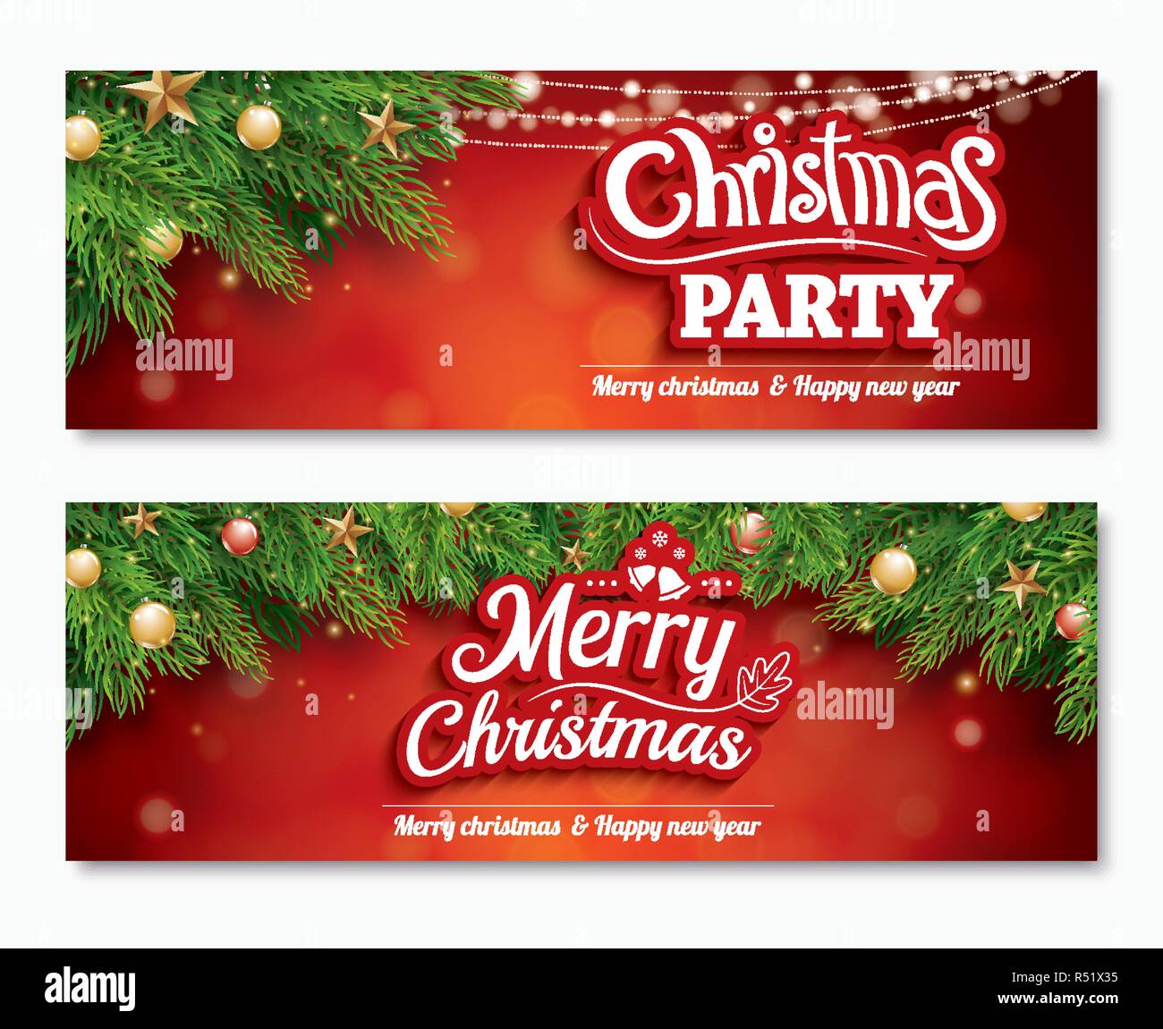 Merry Christmas party invito poster banner e biglietto di auguri Modello di disegno su sfondo rosso. Happy Holiday e il nuovo anno con scatola regalo con tema Illustrazione Vettoriale