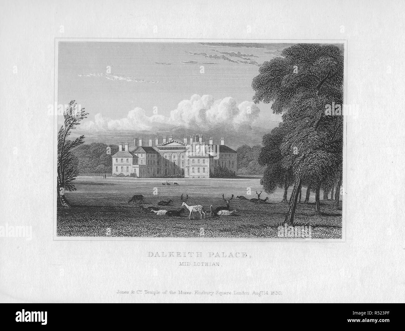 Xix secolo incisione di Dalkeith Palace, Mid Lothian, Scozia Foto Stock