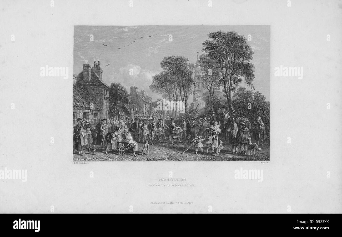 Xix secolo incisione processione di San Giacomo lodge, Tarbolton, South Ayrshire, in Scozia 1846 stampa intitolata "Tarbolton processione di St James' Lodge' da David Ottavio Hill Foto Stock