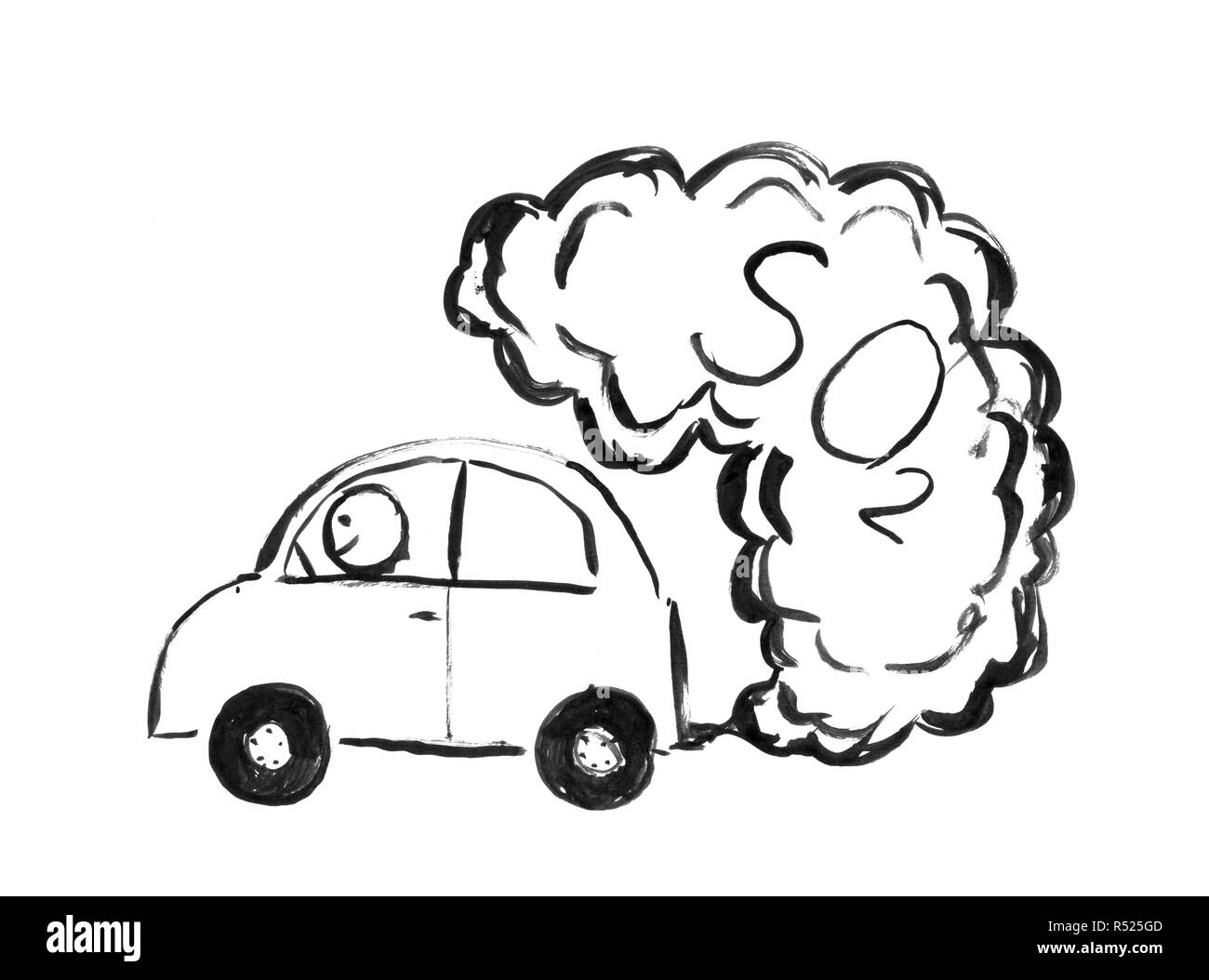Inchiostro nero disegno a mano di auto la produzione di SO2 dell'inquinamento atmosferico Foto Stock