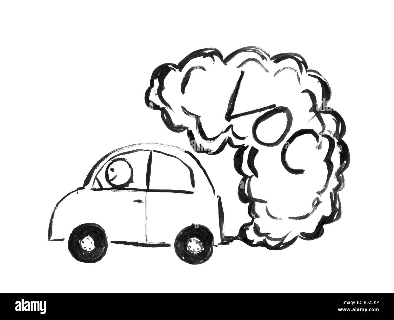 Inchiostro nero disegno a mano delle auto di VOC che producono inquinamento atmosferico Foto Stock