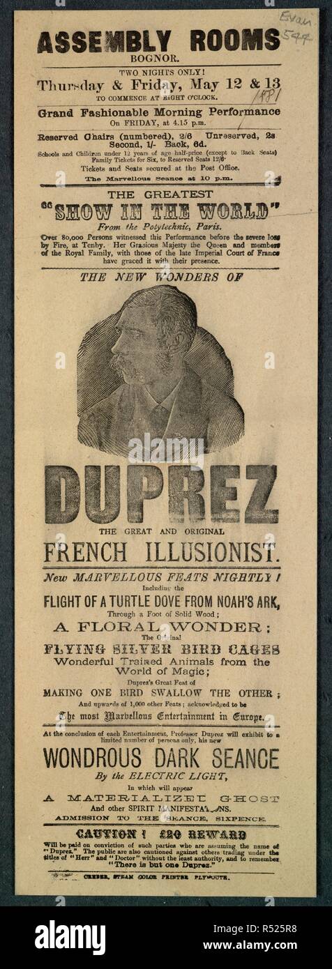Assembly Rooms, Bognor. Le nuove meraviglie di Duprez il grande e originale in francese illusionista. Â€¦ Alla conclusione di ogni spettacolo, Professor Duprez esporrà ad un numero limitato di persone, solo il suo nuovo meraviglioso seance scuro dalla luce elettrica, â€¦. [Plymouth] : Creber, vapore stampante a colori, Plymouth, 1881. Fonte: Evan.544. Lingua: Inglese. Foto Stock