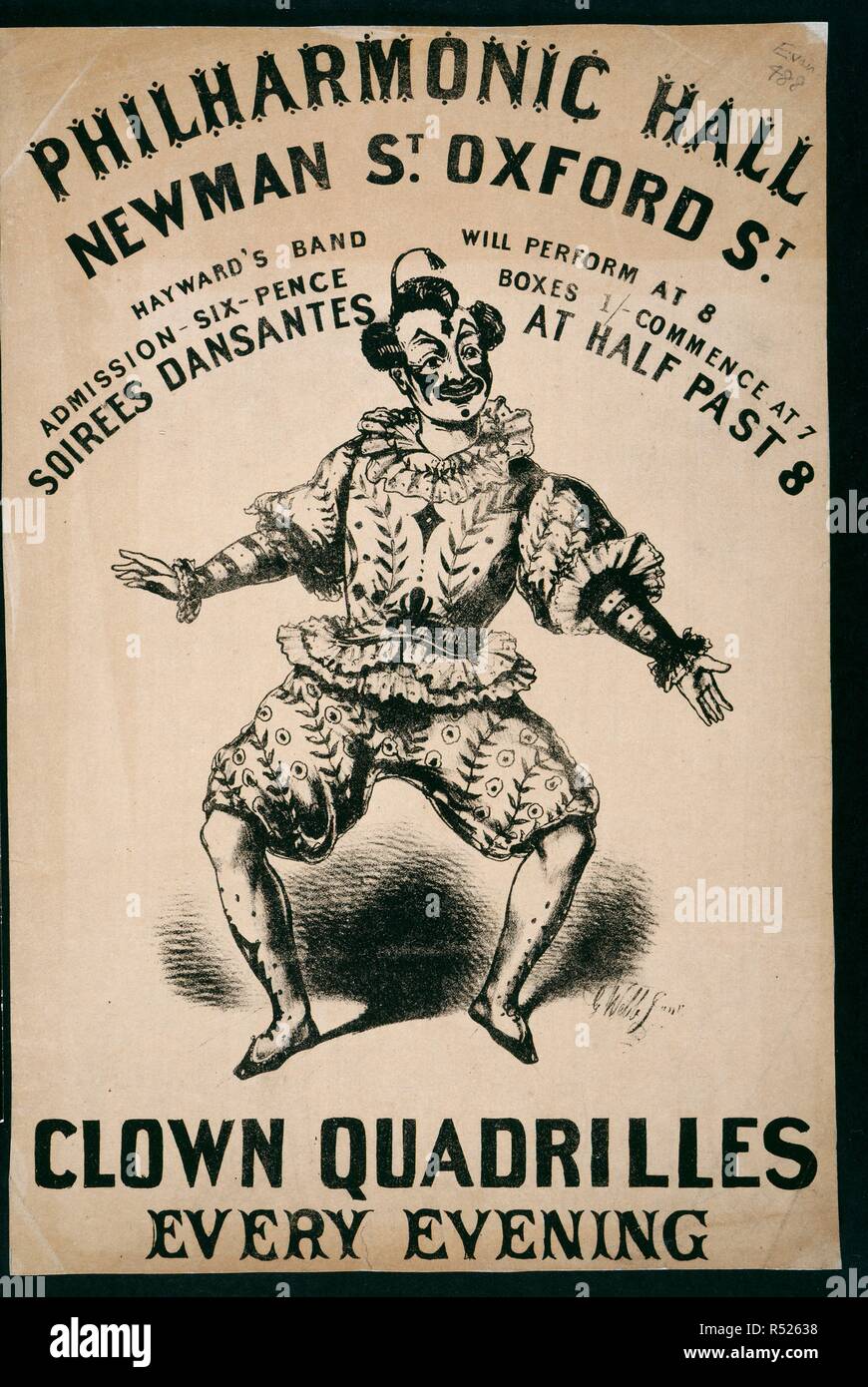 La Philharmonic Hall, Newman San, Oxford St. Hayward's Band eseguirà a 8. L'ammissione a sei pence caselle 1/- inizio alle 7. Soirees dansantes a metà passato 8. È possibile vedere sfilare le quadriglie Clown ogni sera. Una collezione di opuscoli da locandine e stampati vari in materia di intrattenimento in stile vittoriano e la vita di tutti i giorni. Londra, [1856?]. Poster: 38 x 26 cm. Fonte: Evan.488. Autore: Evanion, Henry. Foto Stock