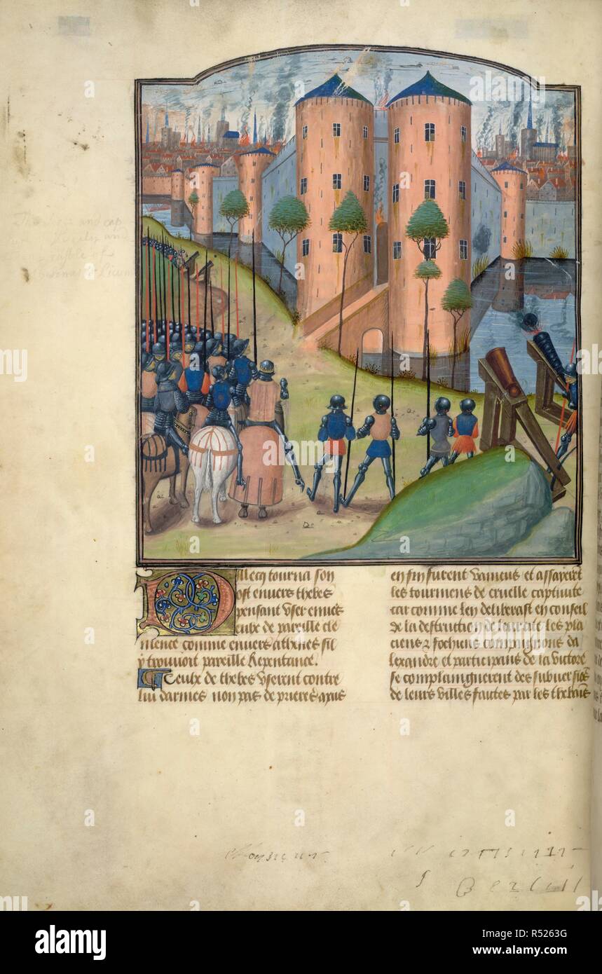 Alexander prima di Tebe. Livre des Fais d'Alexandre le concessione. S. Paesi Bassi (Bruges?); tra il 1468 e il 1475. (Intero folio) Alexander e il suo esercito impegnato nell'Assedio di Tebe, con il cannone. Immagine presa da Livre des Fais d'Alexandre le concessione. Originariamente pubblicato/prodotto in S. Paesi Bassi (Bruges?); tra il 1468 e il 1475. . Fonte: Burney 169, f.21v. Lingua: Francese. Autore: QUINTUS CURTIUS RUFUS. Lucena, Vasco da. Maestro di Vienna Chroniques d'Angleterre. Foto Stock