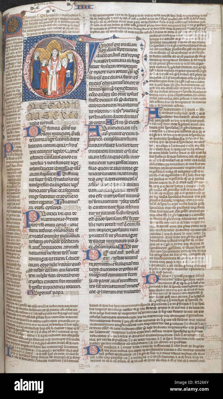 Iniziale Historiated 'D'(e) di una cerimonia di matrimonio, all'inizio del libro 4, De sponsalibus et matrimoniis. Decretales, con la Glossa ordinaria. Inghilterra; primo quarto del XIV secolo. Fonte: Royal 10 E. IX, f.195. Lingue: Latina. Foto Stock