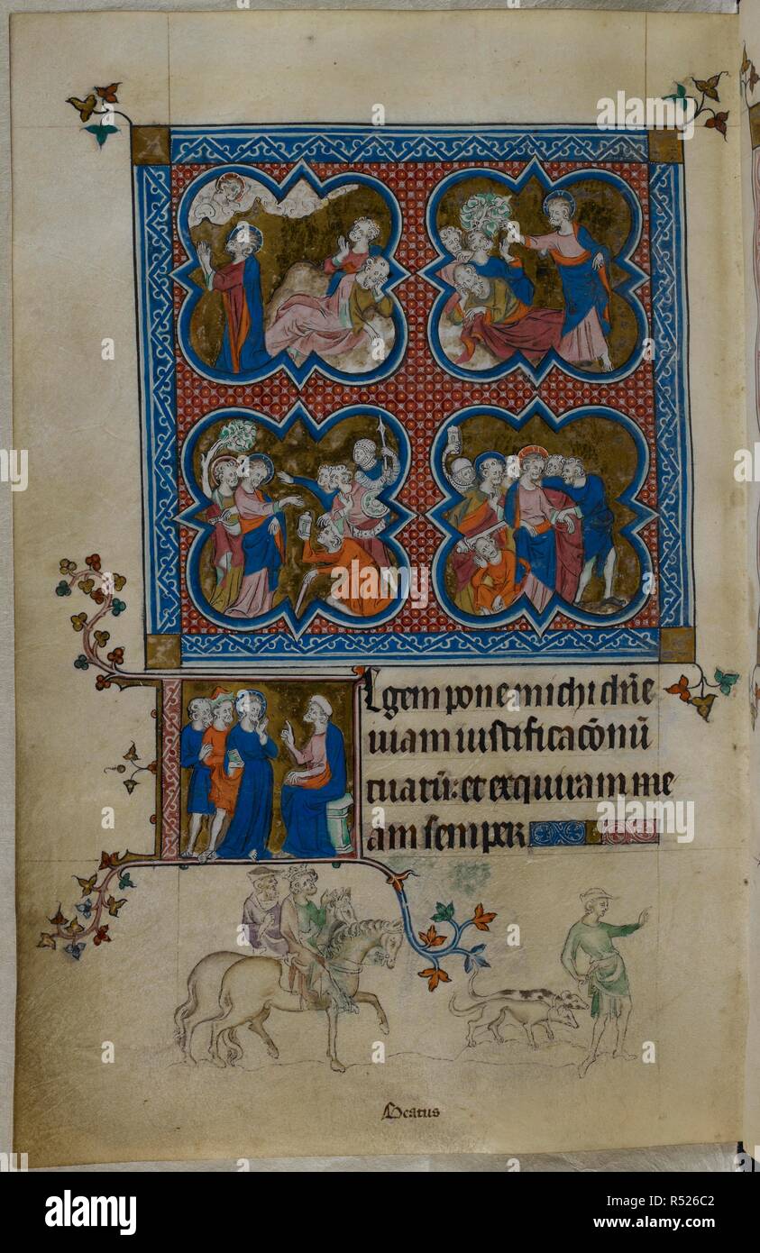 Miniatura di quattro scene dal Getsemani in quatrefoils: (in alto a sinistra) Cristo pregando, (in alto a destra) Cristo trova i tre discepoli dormono, (in basso a sinistra) Cristo si rivolge a coloro che sono venuti a portarlo via, (in basso a destra) Giuda baci di Cristo e Cristo è grippato, Peter recidendo Malchus' orecchio con un historiated iniziale 'L'(egem) di Cristo e altri due prima che il Sommo Sacerdote. Un bas-de-page scena di Edward, re e martire, equitazione a caccia, con due figure a cavallo, uno sul piede e due cani. Salterio ("La regina Maria Salterio'). Inghilterra (Londra/Westminster o East Anglia?); tra 131 Foto Stock