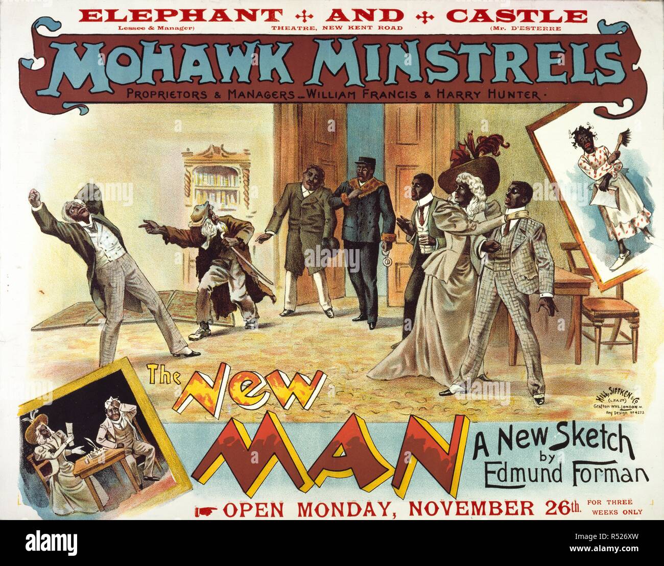Elephant and Castle Theatre, Southwark. "L'uomo nuovo", 1888. 'L'Mohawk Minstrels - l'uomo nuovo". Una collezione di opuscoli da locandine e stampati vari in materia di intrattenimento in stile vittoriano e la vita di tutti i giorni. Hill, Siffken & Co. (L.P.A. Ltd.) Grafton Wks, Londra N. 1888. Fonte: Evan.264. Autore: Evanion, Henry. Foto Stock