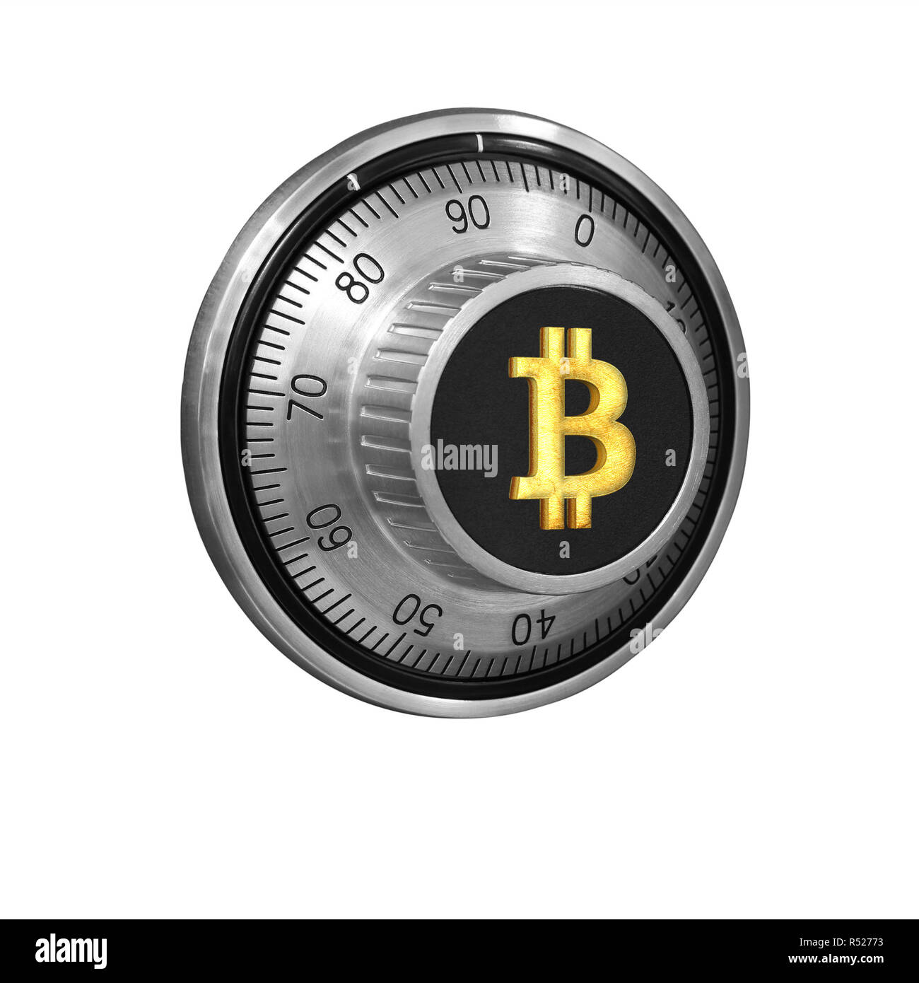 Serratura a combinazione con un quadrante e un simbolo d'oro di Bitcoins sulla maniglia su uno sfondo bianco isolato. Il concetto di sicurezza crypto-moneta Foto Stock