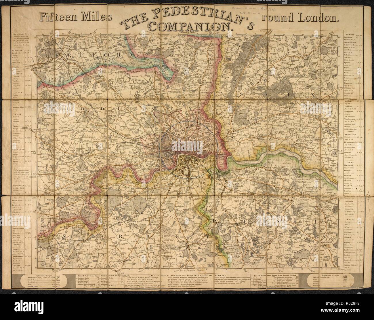 Una mappa che mostra i dintorni di Londra. Il Pedone's Companion. Quindici miglia in giro per Londra. Incisi da S.I. Russell. (Guida per i dintorni di Londra). Londra : E. Grattan, 1837. Fonte: Mappe 24.a.61. Lingua: Inglese. Foto Stock