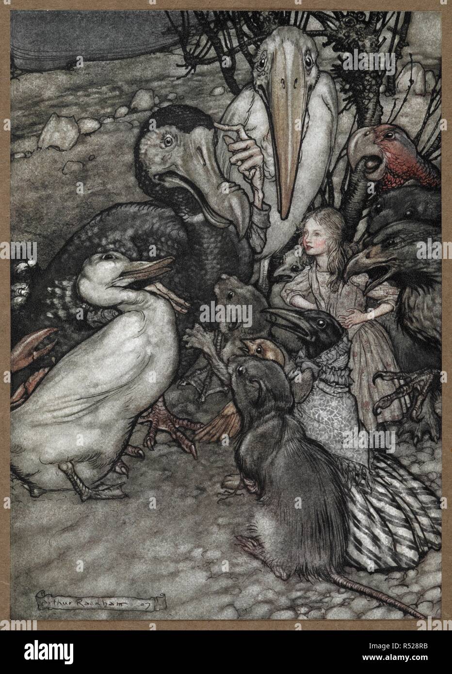 Alice e gli animali dopo il Caucus Race, compreso un dodo, anatra, un ratto, un corvo e un pappagallo. . Alice nel Paese delle Meraviglie illustrato da Arthur Rackham. Con un proemio di Austin Dobson. L.P.. William Heinemann: Londra; Doubleday, pagina & Co.: New York, [1907]. Essi tutti si affollavano intorno a esso ansimando e chiedendo, " Ma chi ha vinto?". Fonte: K.T.C.105.b.1. Di fronte a pagina 28. Autore: RACKHAM, Arthur. Carroll, Lewis pseud. [I. e. Charles Lutwidge Dodgson]. Foto Stock