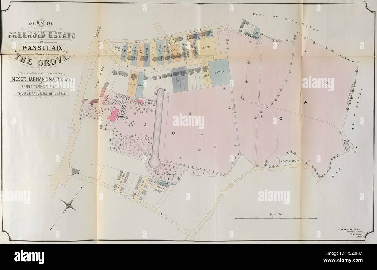 Pianta di un Freehold Estate a Wanstead, noto come il Grove. Pianta di un Freehold Estate a Wanstead, noto come il Grove in vendita 1885. Scala di catene, 10[ = 152 mm.]. Londra, 1885. Fonte: maps.136.a.8.(28). Lingua: Inglese. Foto Stock