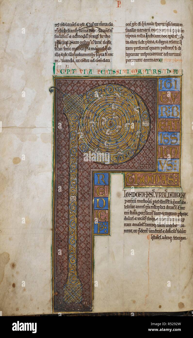 [Intero folio] Testo. Inizio della vita di Thomas Becket, decorata con iniziale "P". La vita di san Tommaso Becket. [Canterbury Christ Church]; circa 1180. Fonte: Cotone Claudio B. II, f.2v. Lingue: Latina. Autore: Giovanni di Salisbury. Foto Stock