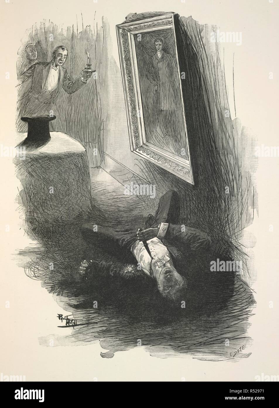 La morte di Dorian Gray. "Sdraiato sul pavimento era un uomo morto, in abito da sera, con un coltello nel suo cuore ...". Dorian Gray, morto a fronte della sua pittura. La Foto di Dorian Gray. Charles Carrington: Parigi, 1908 [1910]. Fonte: Cup.501.c.13, opposta 288. Lingua: Inglese. Autore: Wilde, Oscar Fingal O'Flahertie Wills. Il DELE, dopo Thiriat, P. Foto Stock
