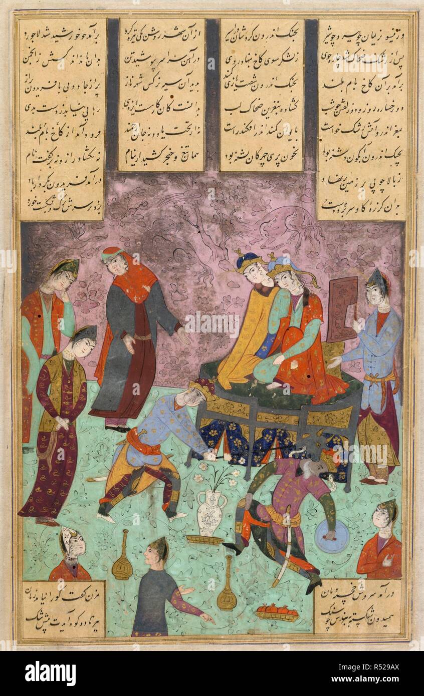 Gli attacchi di Faridun Zahhak. Shahnama di Firdawsi, con 63 miniature. 1604. Faridun Zahhak colpisce con la sua mazza in presenza di Jamshid le suore. Un po' annerita. 18 da 15,5 cm. Acquerello opaco. Safavid/Isfahan stile. Immagine presa da Shahnama di Firdawsi, con 63 miniature. Originariamente pubblicato/prodotto in 1604. . Fonte: i.o. ISLAMIC 966, f.14v. V.o. persiano. Foto Stock