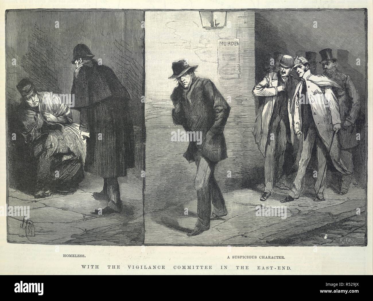 Con il comitato di vigilanza nell'estremità est'. "Senzatetto". 'Un personaggio sospetto'. Le illustrazioni fatte durante il tempo della Whitechapel o 'Jack Lo Squartatore' omicidi. Nota, uno dei detective che indossa un deerstalker. Illustrated London News. Londra, 1888. Fonte: P.P.7611 volume 93, 421 (inferiore). Lingua: Inglese. Foto Stock