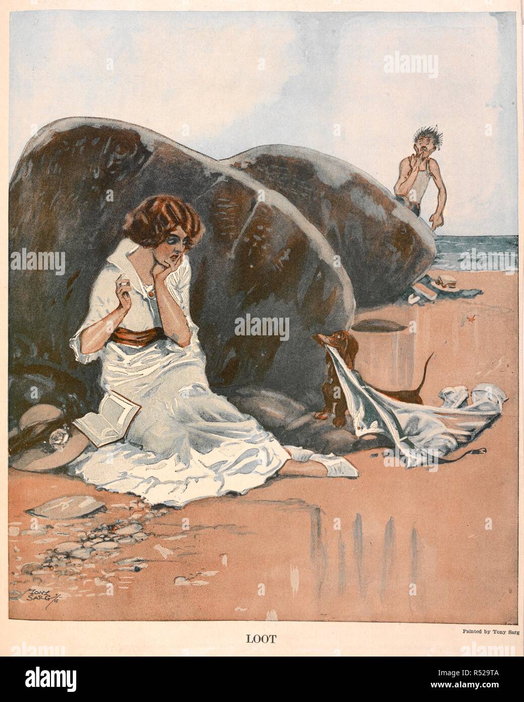 "Bottino". Un divertente scena su una spiaggia, un uomo ha i suoi pantaloni presi da un cane. . Puck. 1915. Fonte: Puck, 24/07/1915 pagina 13. Autore: Sarg, Tony. Foto Stock