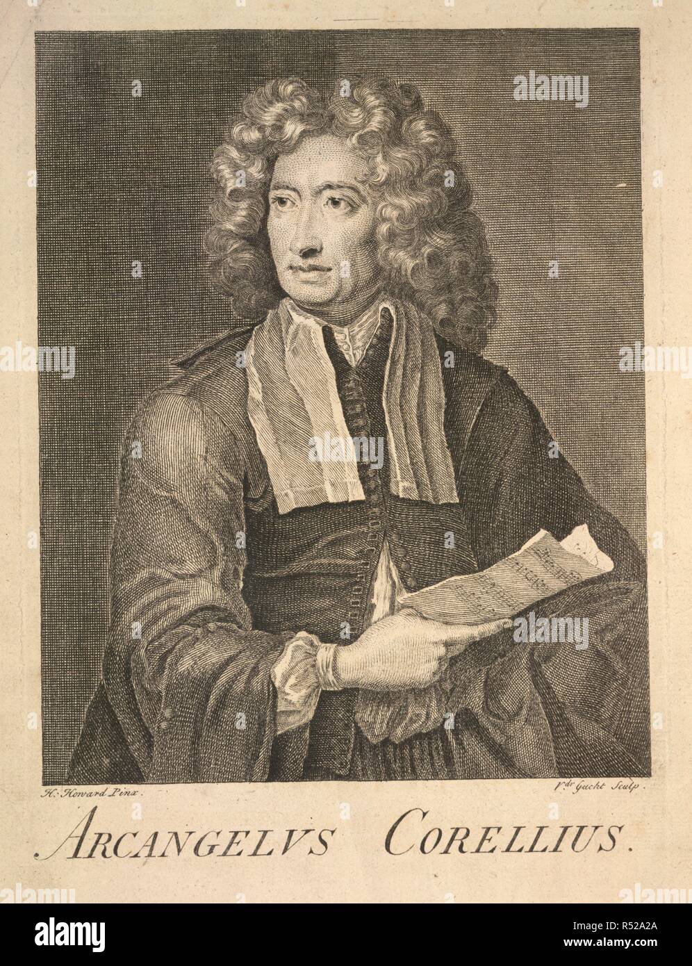 Ritratto di Arcangelo Corelli (1653 - 1713). L'Italiano violinista e compositore di epoca barocca. Il punteggio delle quattro Opere liriche, contenente 48 Sonate ... per due violini e un Bass. (Il punteggio dei dodici concerti, ecc.) Tutta la Revis'd ed accuratamente rettificato dal dottor Pepusch. Londra : stampato per I. Walsh, [1735?]. Fonte: g.39.b frontespizio. Foto Stock