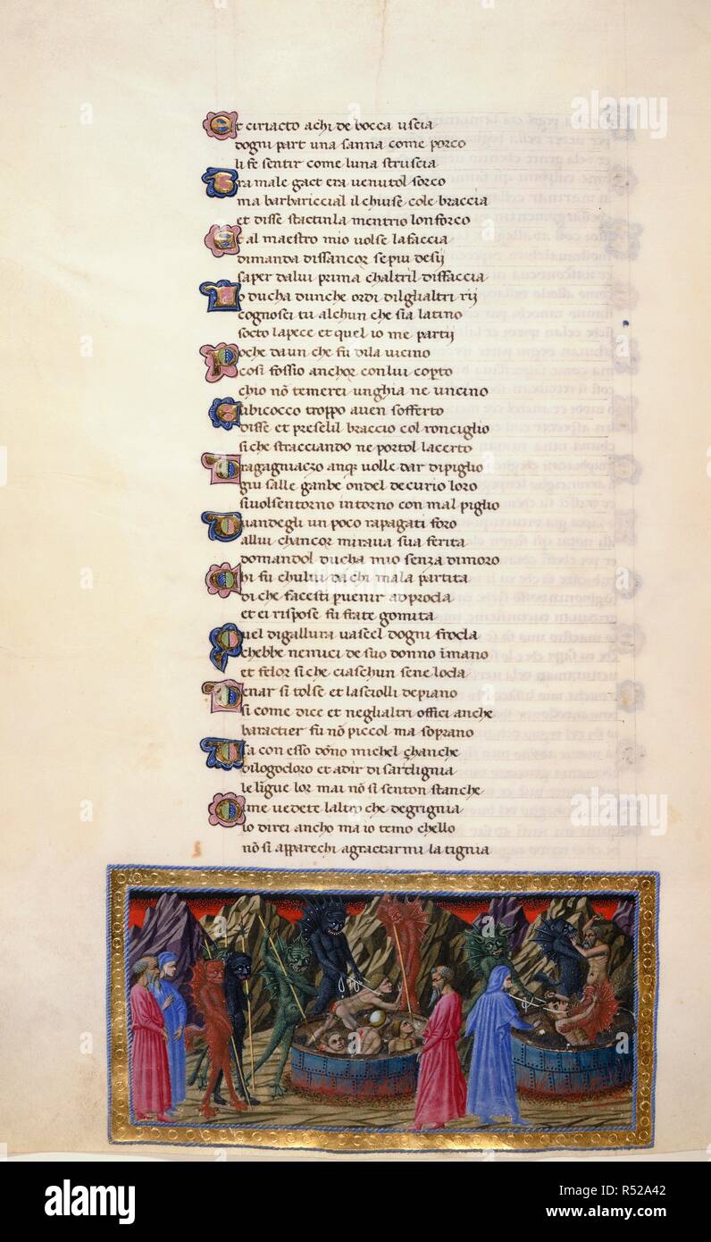 Inferno, canto XXII. Miniatura mostra Dante e Virgilio condotta dai diavoli; Virgilio osserva diavoli Cianpolo di sollevamento tra i Barrators; Dante orologi diavoli che sono caduti nella battaglia di acuto con la Barrators. La Divina Commedia. Italia [Toscana]; 1442-1450. Fonte: Yates Thompson 36, f.39v. Lingua: Italiano. Autore: DANTE ALIGHIERI. PRIAMO DELLA QUERCIA. Foto Stock
