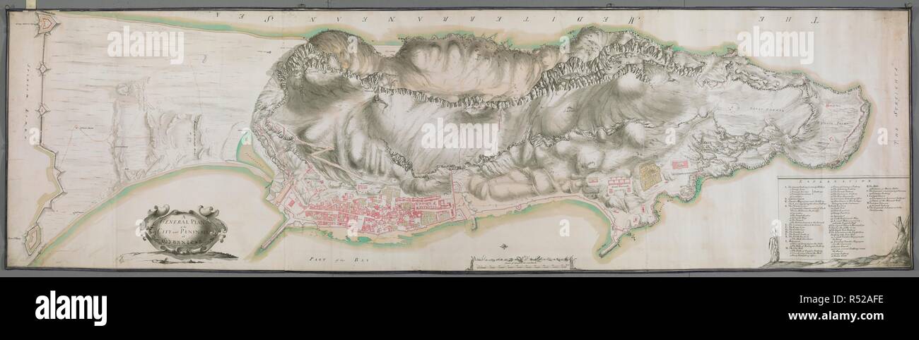 Un piano di Gibilterra che include la città, porti, moli, fortificazione, difese, riviste e la posizione delle batterie . Un piano generale della città e la penisola di Gibilterra. [Londra?] : [Tower of London Drawing Room?], 1747. Fonte: Mappe K.Top.72.35.2.TAB. Lingua: Inglese. Foto Stock