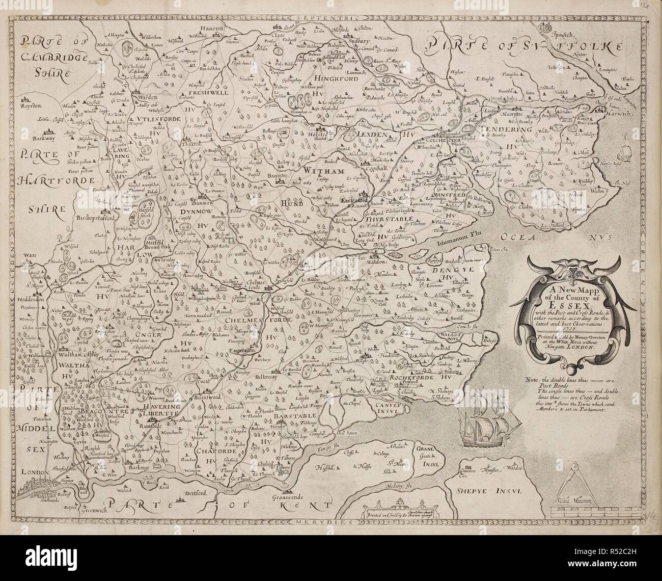 Una mappa della contea di Essex. Una collezione di 37 mappe di contee dell'Inghilterra. Londra. H. Overton, 1714. Una collezione di 37 mappe di contee dell'Inghilterra, essendo ristampe di J. Speedâ€™s mappe, da Henry Overton, insieme con quelli di P. Stent ristampato da John Overton, e mappe di Derbyshire e Yorkshire incisi da S. Nicholls. Fonte: maps.145.c.9 14. Lingua: Inglese. Foto Stock