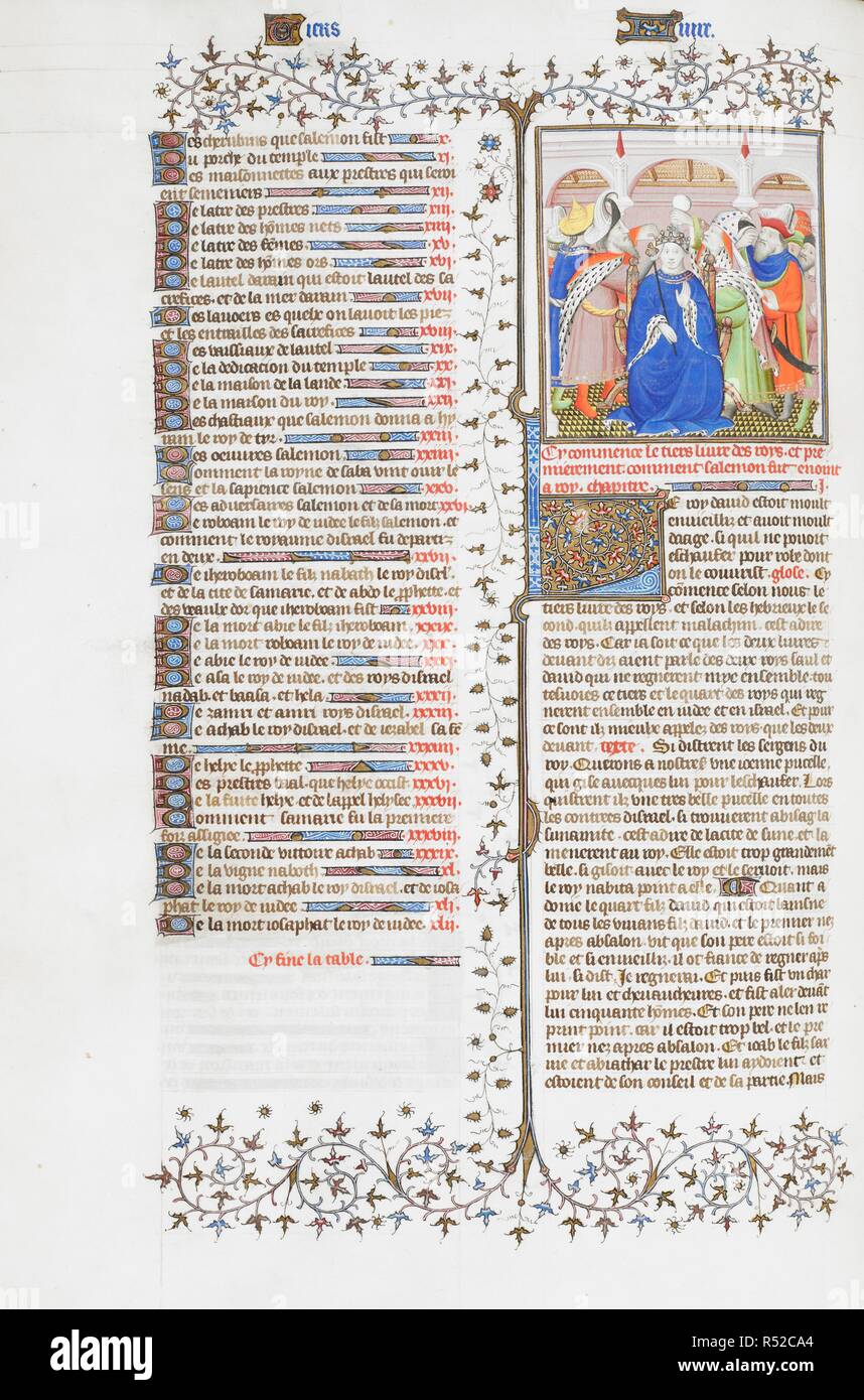 Miniatura di il sacerdote Tsadok unzione Salomone con olio come re di Israele; la parte iniziale di 'L' e l'inizio di 1 Re, capitolo 1 qui di seguito. La Bibbia Historiale, vol. 1. Francia (Parigi), circa 1411. Fonte: Royal 19 D. III, f.144v. Lingua: Francese. Autore: GUYART DES MOULINS. Du Val, Thomas. Foto Stock