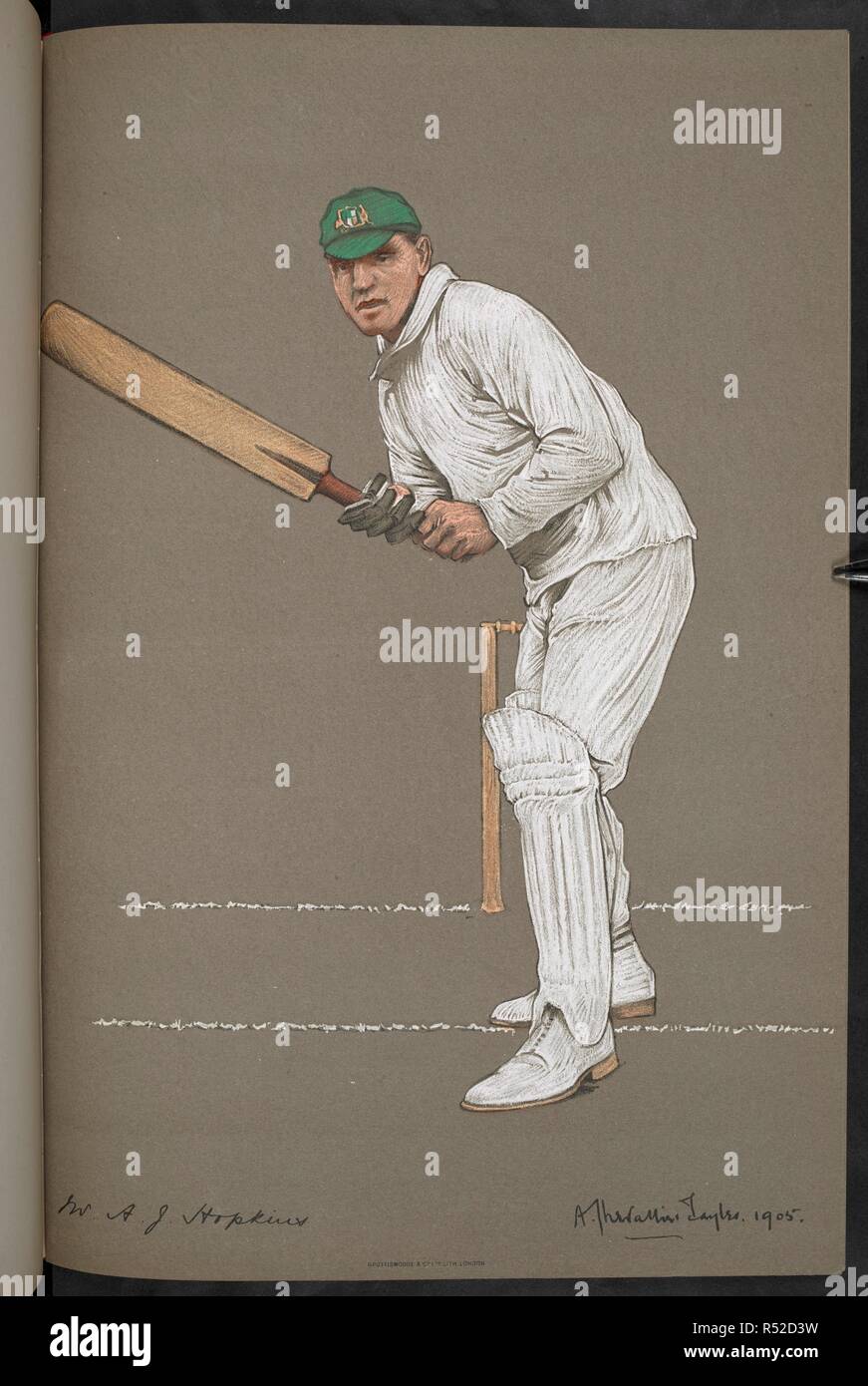 Il sig. A. J. Hopkins, Australia. Albert John Hopkins (1876-1931) era un australiano cricketer che ha giocato in 20 partite di prova durante il periodo 1902-1909. L'Empire's Il Cricketers. Da disegni originali di A. Chevallier Tayler. Con biografie di G. W. Beldam. Stagione 1905 [48 piastre con il testo descrittivo.]. [Londra] : la raffinata arte della società, Ltd. 148 New Bond Street, W., [1905]. Fonte: C.194.c.87, la piastra 46. Lingua: Inglese. Foto Stock