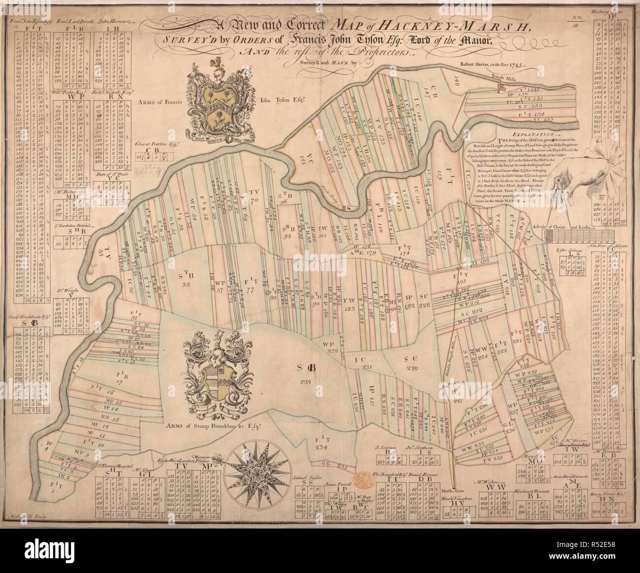 Un nuovo e corretto Mappa di Hackney-Marsh. Una mappa di Hackney Marsh. 1745. Fonte: Mappe K.Top.20.10. Lingua: Inglese. Foto Stock