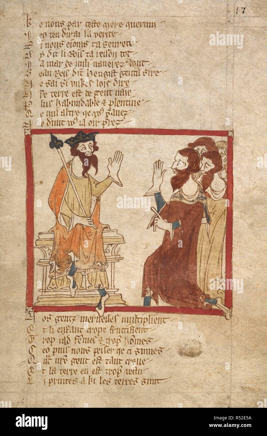 Hengist spiega Vortigern al suo arrivo. Romanzi in francese versetto ... Il XIV secolo. Fonte: Egerton 3028 f.17. Autore: Wace, Canon di Bayeux. Foto Stock