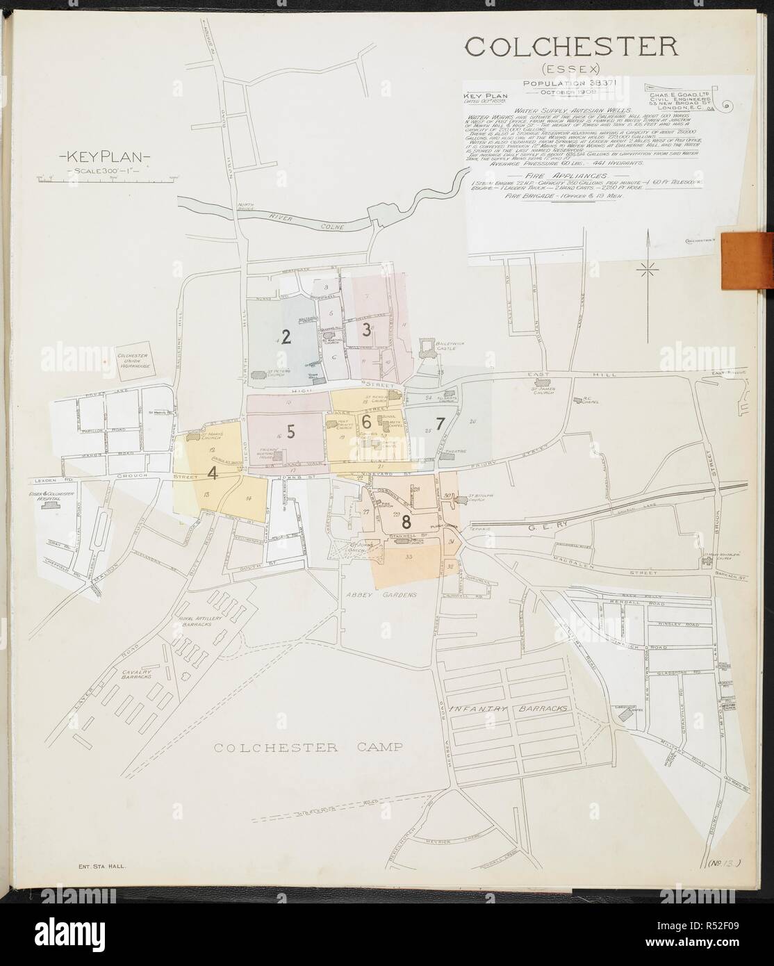 Mappa di Colchester, Essex. Colchester, Essex) : [incendio piani di assicurazione]. Londra : Chas. E. Pungolo Limited, 1909. 63x54cm.; Scala [1:480]. 40ft = 1 pollici. Fonte: Mappe 149.b.29.(2) foglio 1. Foto Stock