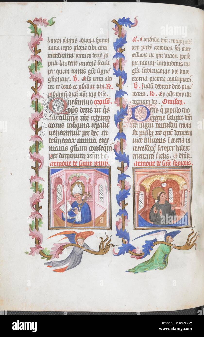 Remigius (sinistra) e Francesco (a destra), con parziale frontiere foliate portata dagli angeli. Libro d Ore, uso di Parigi ("Ore di RenÃ© d'Anjou'). Francia, Centrale (Parigi); c.1410. Fonte: Egerton 1070, f.103v. Lingue: Latina, il calendario e le rubriche in francese. Foto Stock