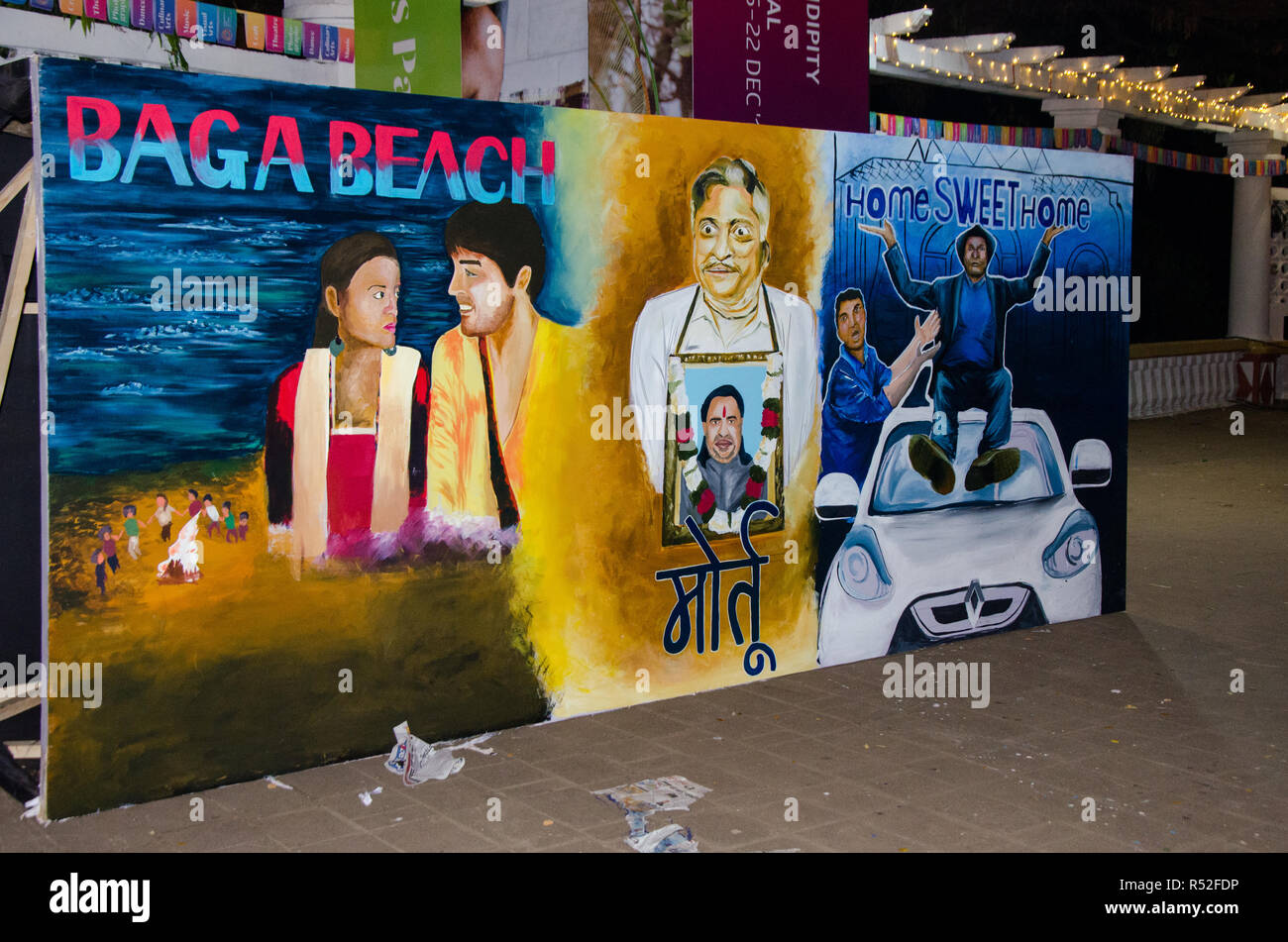 Konkani manifesti di film sul display per la quarantanovesima International Film Festival dell India in Panaji, Goa, India. Foto Stock