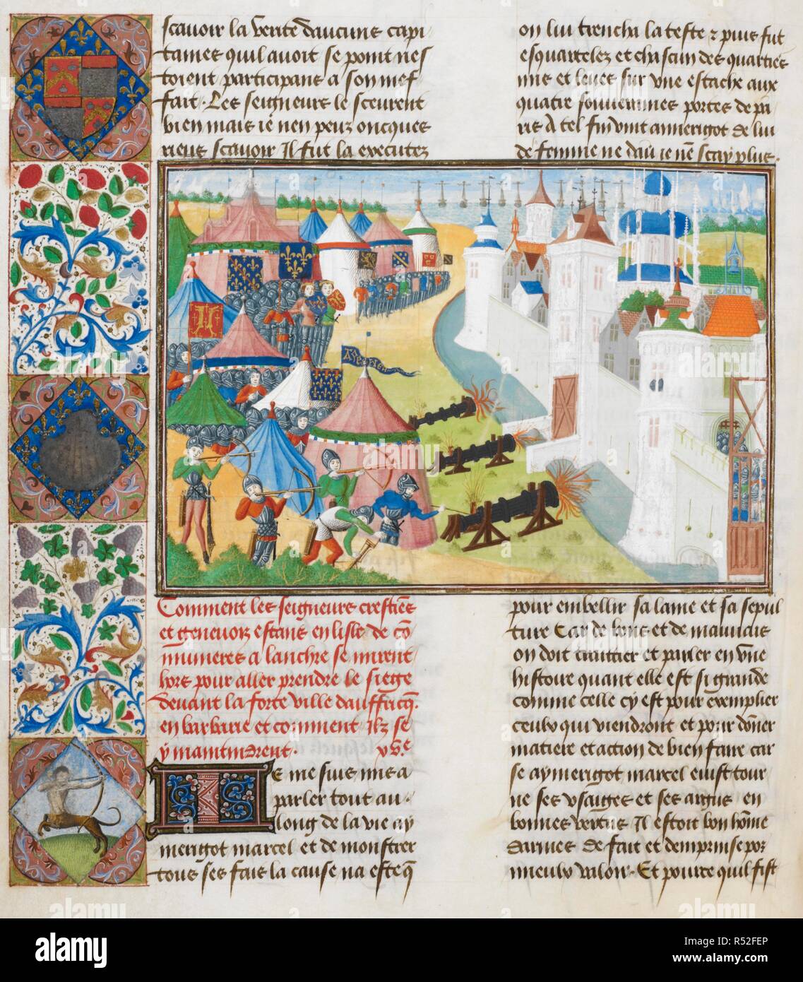 L'assalto alla roccaforte dei pirati in Nord Africa (Mahedia). Bordo floreale. Un Satiro. . Chroniques, Vol. IV, parte 1 (il "Harley Froissart'). (Froissart di cronache). S. Paesi Bassi (Bruges), 1470-1475. Fonte: Harley 4379 f.83v. Lingue: Latina. Autore: FROISSART, JEAN. Foto Stock