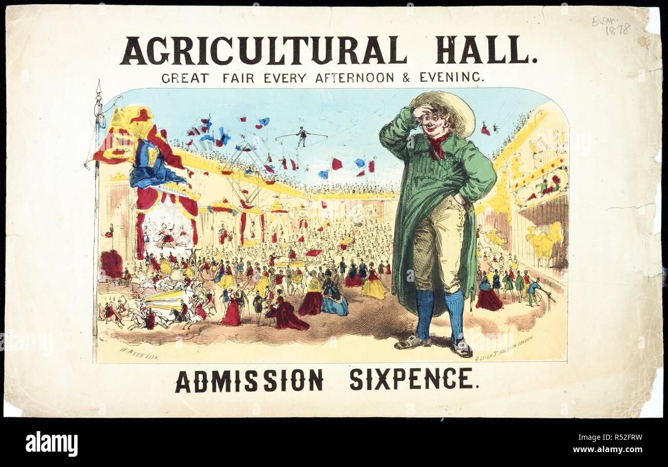 Sala agricoli, Islington. Grande Fiera ogni pomeriggio e sera. Ammissione sixpence. Litografia a colori, stampato in rosso, giallo, verde, blu e nero inchiostri, che illustra la varietà di eventi e spettacoli in offerta. Una collezione di opuscoli da locandine e stampati vari in materia di intrattenimento in stile vittoriano e la vita di tutti i giorni. Londra, 1878. Fonte: Evan.1878. Lingua: Inglese. Autore: Evanion, Henry. Foto Stock