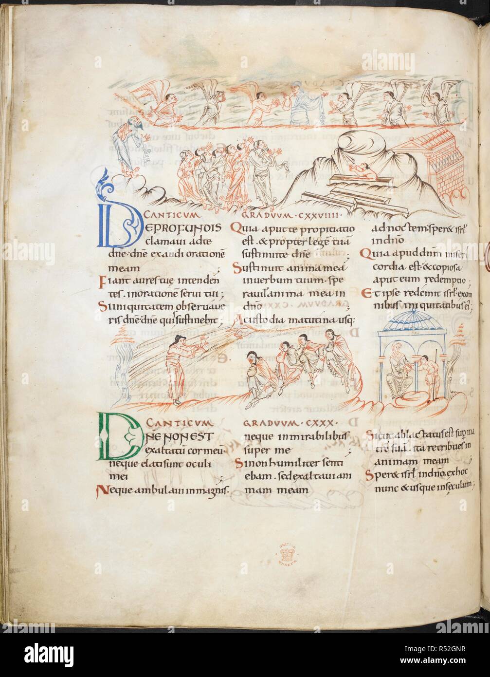 (Immagine superiore) Salmo 129: il Salmista in una tomba e di un gruppo di persone che allevano le loro mani per il Signore e gli angeli nel cielo; (immagine inferiore) il Salmo 130: il salmista riceve i raggi di luce dalla mano di Dio, mentre quattro uomini coprono i loro occhi (centro) e un ?madre dà il suo figlio un grande anello (a destra); . Salterio (il "Harley Salterio'). La prima metà del XI secolo. Fonte: Harley 603, f.67v. Foto Stock