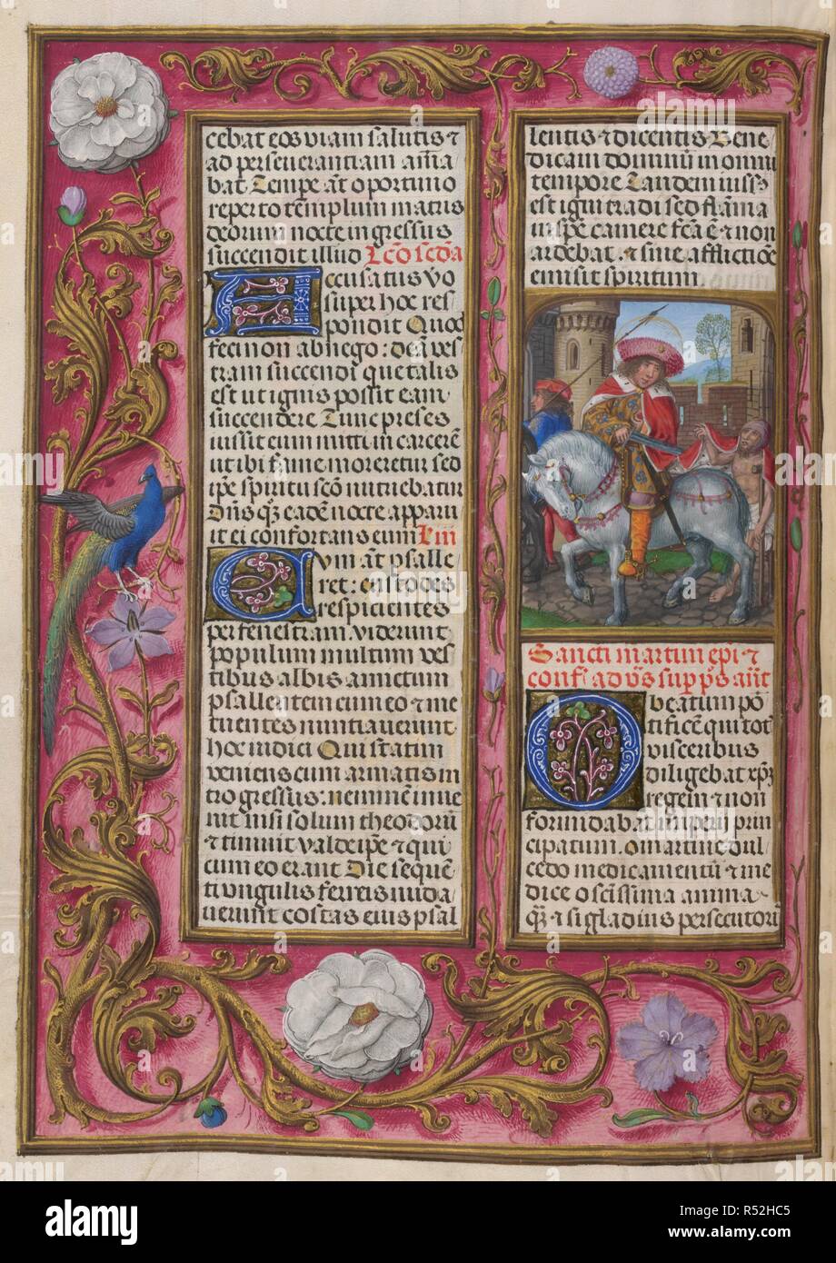 Il Sanctorale; festa di San Martino di Tours, 11 novembre. Il santo a cavallo divide il suo mantello per un mendicante. Testo con gusto iniziale 'O'. Isabella Breviario. S. Paesi Bassi [Bruges?]; circa 1490-1497. Fonte: Aggiungi. 18851, f.485v. Lingue: Latina. Autore: Master di Giacomo IV di Scozia. Foto Stock