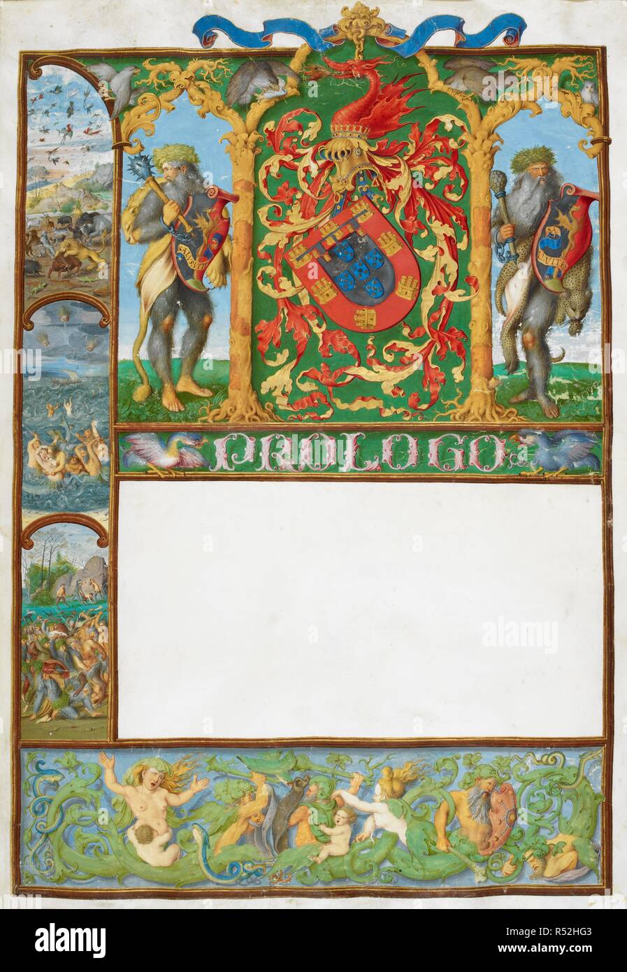 Foglia di semilavorati destinati ad un prologo che mostra i bracci di Infante Dom Fernando del Portogallo; in i margini sono figure mitologiche o scene leggendarie. Il portoghese Genealogy Genealogia / dos Reis de Portugal. Portogallo (Lisbona), 1530-1534. Fonte: Aggiungi. 12531, f.1. Lingua: Portoghese. Autore: ANTONIO DE HOLLANDA. Foto Stock